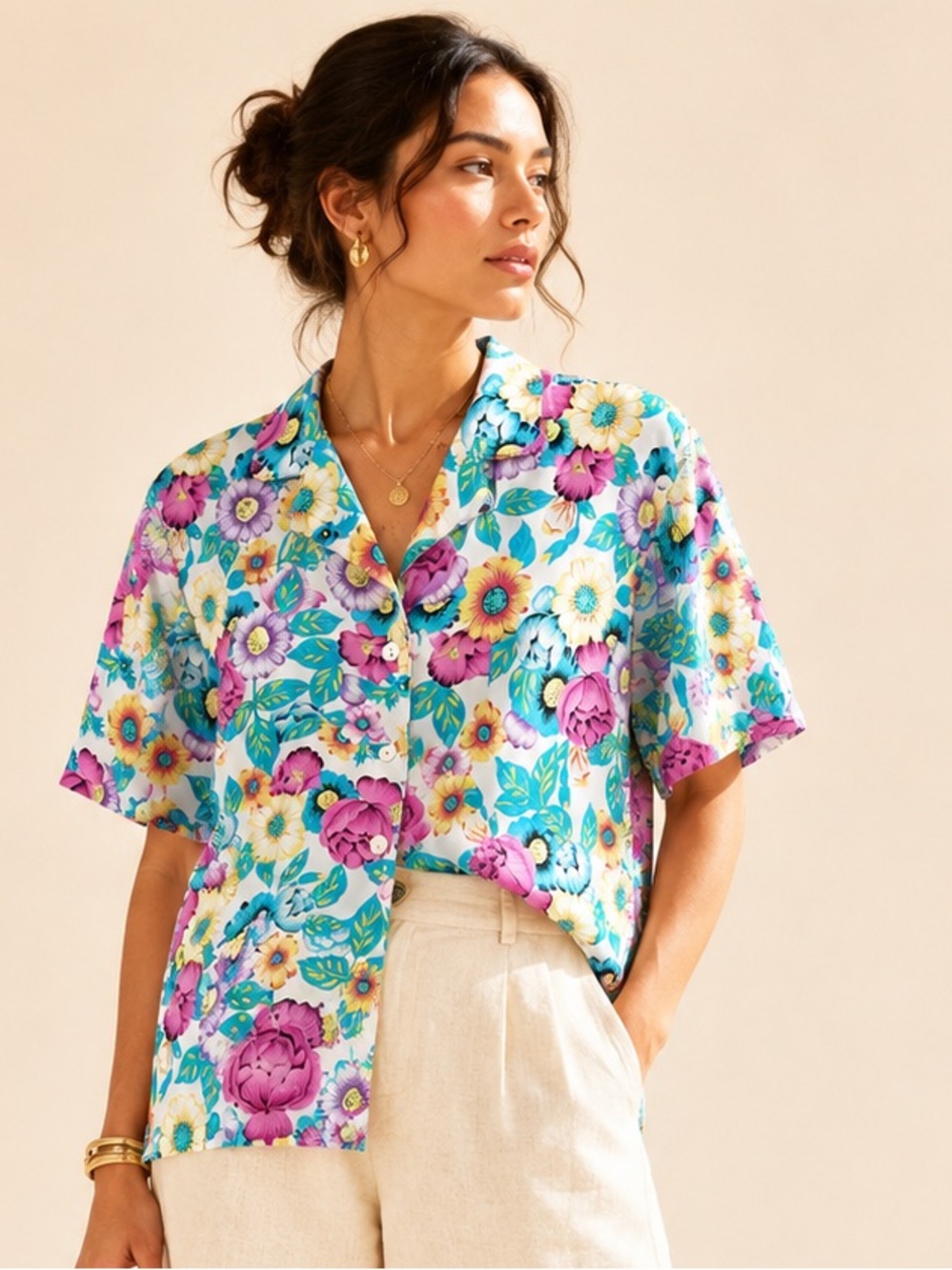 Vintage Floral Button Down Lightweight Statement Blouse Sz L-XL